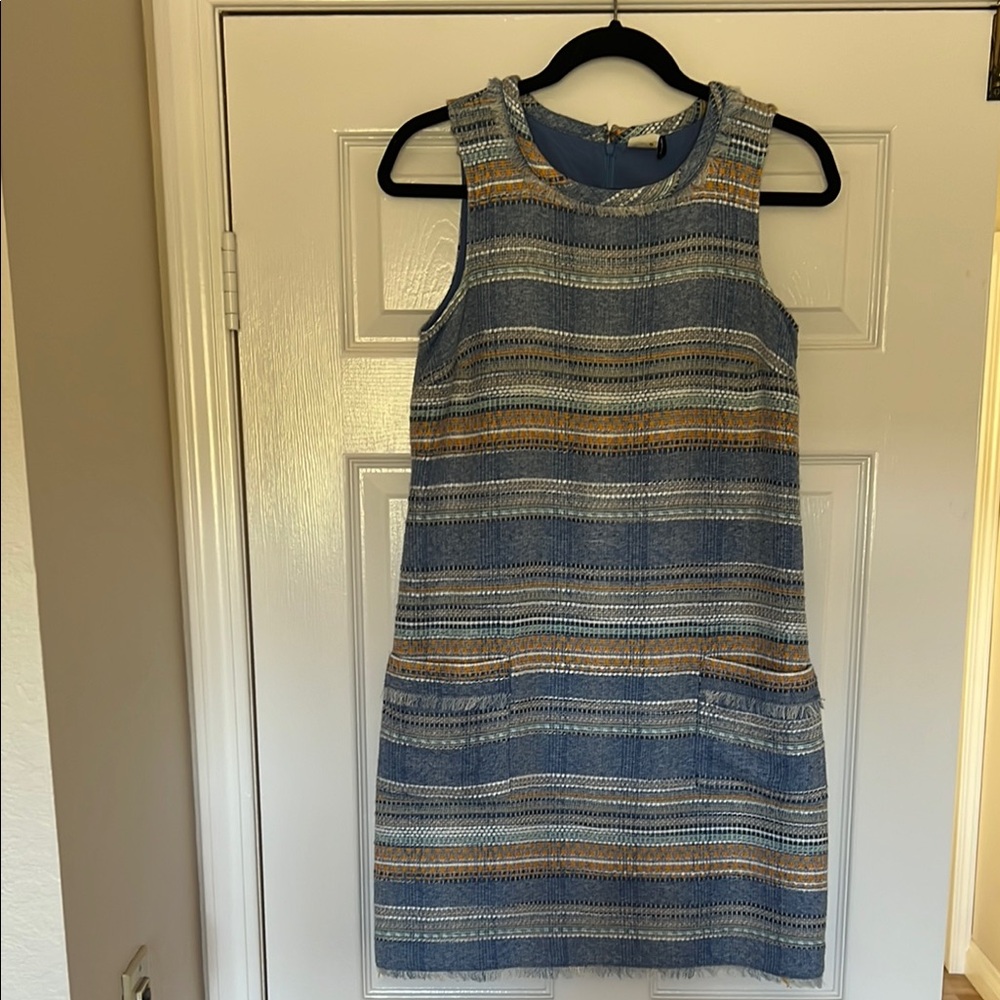 Elegant Blue and Brown Striped Sleeveless Dress
